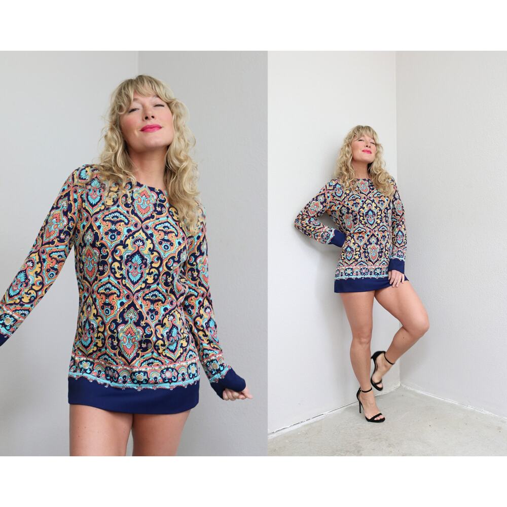 1960's Vintage Art Nouveau Polyester Micro Mini Dress or Blouse Women's XS SM MD